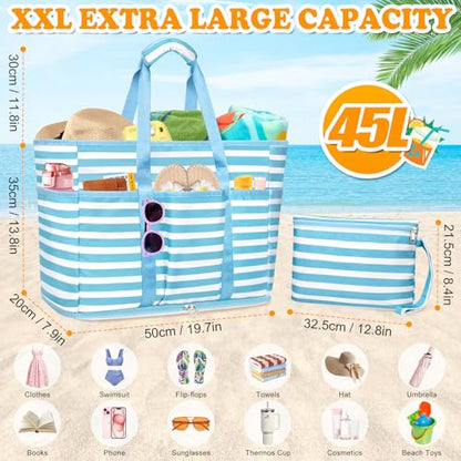 Large Beach Bag with Zipper, 12 Pockets Waterproof Sandproof Pool Bag Womens Mesh Beach Tote Bag for Travel Vacation - color: Light Blue White