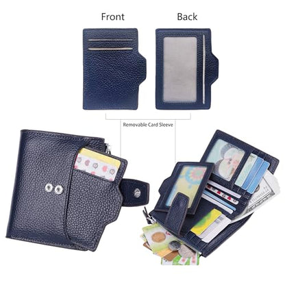 Women's RFID Blocking Leather Small Compact Bi-fold Zipper Pocket Wallet Card Case Purse with id Window - color: Lichee Navy Blue