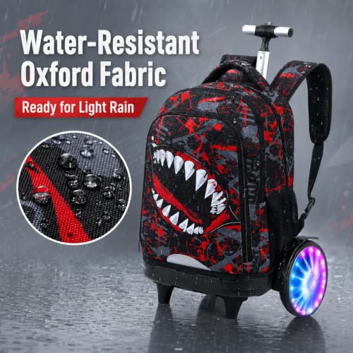 20 Inches Large Wheels Rolling Backpack for Boys with Light Up, 3Pcs Kids Graffiti Shark Wheeled Backpack Set for Elementary School (Red) - color: BigMouth-Red (Large Wheel)