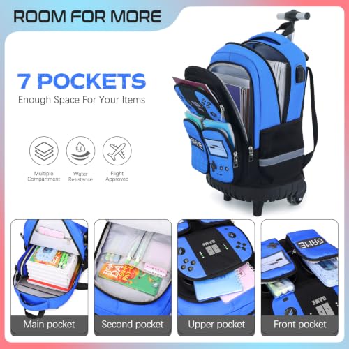 3PCS Gamer Boys Rolling Backpack with Lunch Box & Pencil Pouch (Blue Black) - color: Blue
