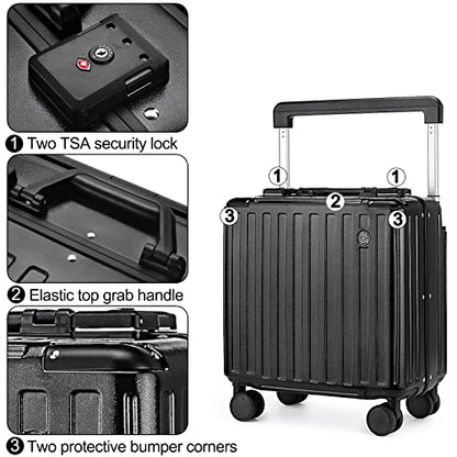 Somago Aluminum Frame 18" Carry On Luggage Wide Handle Suitcase Built-In Double TSA Lock Hardside Lightweight PC Travel Suitcase with Spinner Wheels, Black - color: Black, size: 18 Inch Carry On