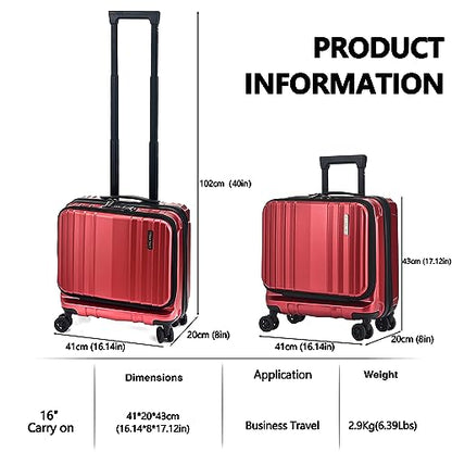 TydeCkare 16" Carry on Luggage with 2 Laptop Compartments, Lightweight Hardshell ABS+PC Suitcase with Dual Control TSA Lock, with YKK Zipper, 4 Spinner Silent Wheels, for Business Travel, Wine Red | Lightweight Hardshell ABS+PC Suitcase with Dual Control