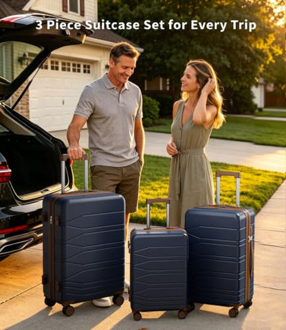 3 Piece Expandable Luggage Set with Spinner Wheels Hardshell Suitcase Set - color: Navy Blue