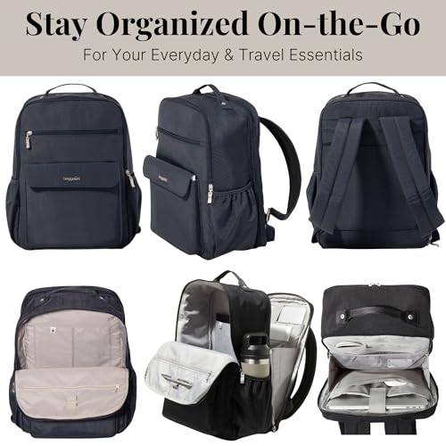 Baggallini Everyday Laptop Backpack - 11x15.5 Lightweight Water-Repellent Nylon Travel Bag w/Padded Laptop Sleeve & RFID - color: French Navy