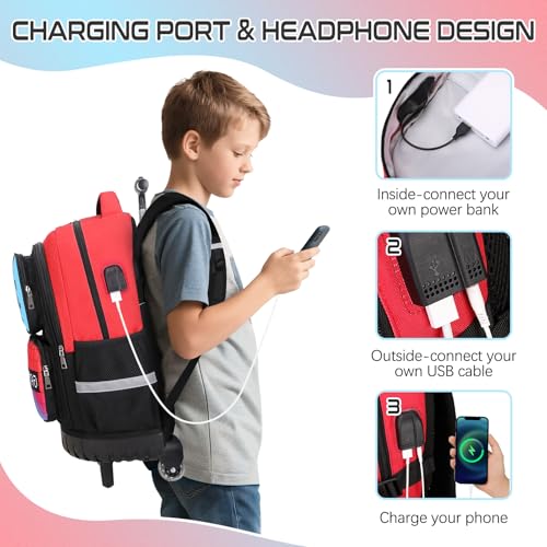 3PCS Gamer Boys Rolling Backpack with Lunch Box & Pencil Pouch (Red Blck) - color: Red Black
