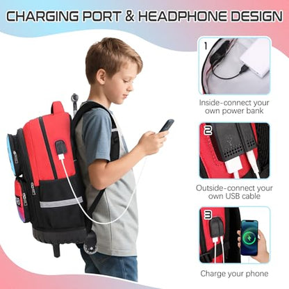 3PCS Gamer Boys Rolling Backpack with Lunch Box & Pencil Pouch (Red Blck) - color: Red Black
