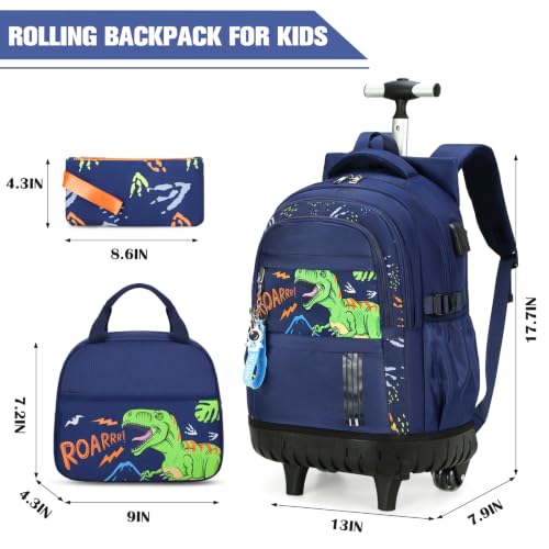 ACESAK 3PCS Rolling Backpack for Boys Children, Boys Backpack with Wheels - color: Dinosaur