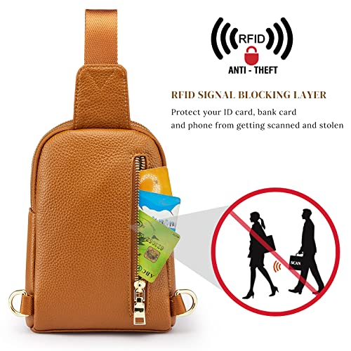S-ZONE Genuine Leather RFID Blocking Small Sling Bag Women Crossbody Fanny Packs - color: Brown, size: Medium