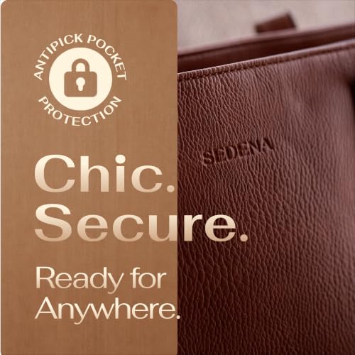 Women’s 16” Laptop Tote Bag, Vegan Leather Work Bag with Cupholder, RFID & Anti-Pickpocket Trolley Sleeve - color: Dark Brown