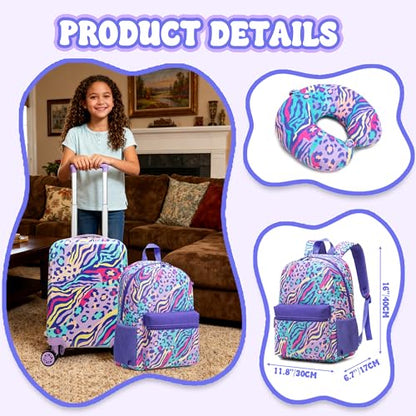 Kids Carry on Luggage Sets 5 Piece Rolling Suitcases for Girls Women with Wheels Toddler Hardshell Suitcase Set Airplane Approved - color: Blue Leopard Print