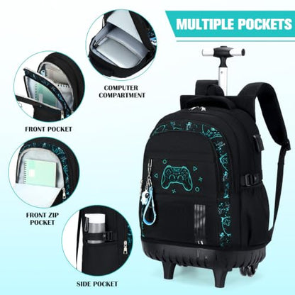 ACESAK 3PCS Rolling Backpack for Boys Children, Boys Backpack with Wheels - color: Black Game