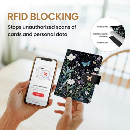 Passport Holder for Travel, RFID Blocking Wallet with Magnetic Closure - color: C-Starry Garden