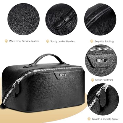 BOYATU Genuine Leather Travel Makeup Bag: Hand-made 3 Pcs Set Cosmetic Bags - color: 02Obsidian