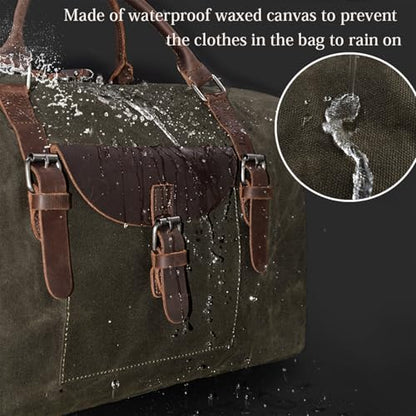Oversized Travel Duffel Bag Waterproof Canvas Genuine Leather Weekend bag Weekender Overnight Carryon Hand Bag, Dark Brown - color: Dark Brown