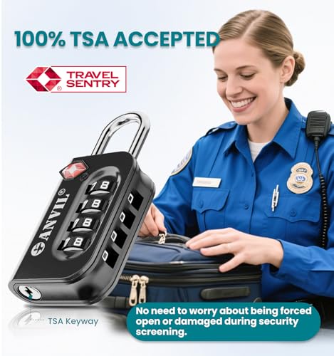 ANVIL TSA Approved Luggage Lock - 4 Digit Combination, 10,000 Combinations, Easy-Read Password Window, Travel Lock for Suitcases, Backpacks, Gym & Student Lockers, Baggage - color: BLACK 4 PACK