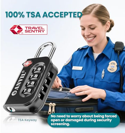 ANVIL TSA Approved Luggage Lock - 4 Digit Combination, 10,000 Combinations, Easy-Read Password Window, Travel Lock for Suitcases, Backpacks, Gym & Student Lockers, Baggage - color: BLACK 2 PACK