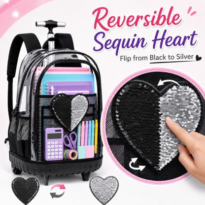 AGSDON Chic Sequin Rolling Clear Backpack Set – 20" Transparent Wheeled Bookbag with Large Front Pocket for School, Daily Commute & Leisure | Black Fashion-Forward Organizer - color: Love Sequin Rolling Backpack Black