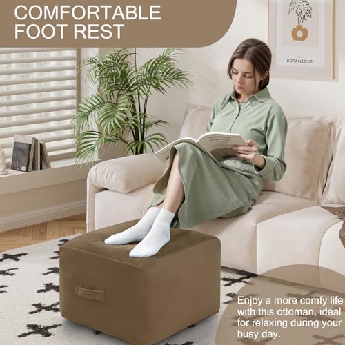 MeMoreCool Square Pouf Ottoman Foot Rest 20x20x15 Inches, Light Coffee - color: Striped Light Coffee