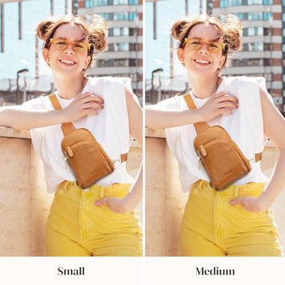 S-ZONE Genuine Leather RFID Blocking Small Sling Bag Women Crossbody Fanny Packs - color: Brown, size: Medium