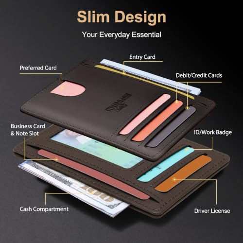 Genuine Leather Mens Wallet Slim RFID Blocking Credit Card Holder - color: CrazyHorse Brown