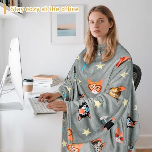 Catalonia Wearable Blanket with Sleeves for Women & Men, Fleece Wrap Throw - color: 80's Cat Dog Gray