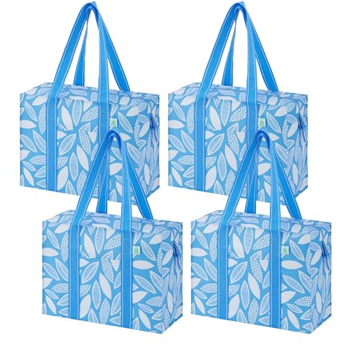 VENO 4 Pack Utility Tote Reusable Grocery Bags with Zipper & Hard Bottom - color: Spring Breeze, size: 4 Pack
