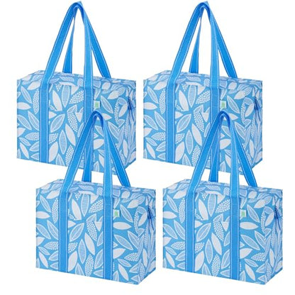 VENO 4 Pack Utility Tote Reusable Grocery Bags with Zipper & Hard Bottom - color: Spring Breeze, size: 4 Pack