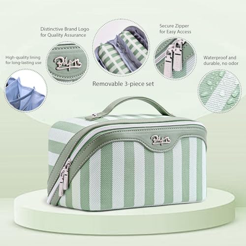 BOYATU Travel Makeup Bag for Women: 3 Pcs Set Striped Make up Bag,Green - color: A-2-Green