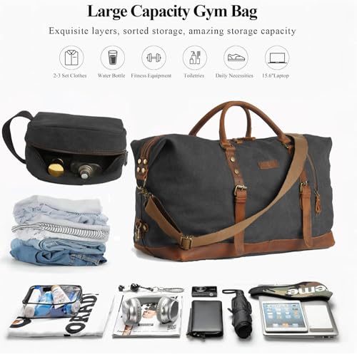 Duffle Bag for Men Travel Leather Canvas Weekender Bag Overnight Bag with Toiletry Bag (Black) - color: Black