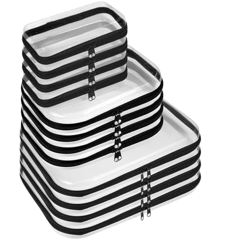 12 Pack Clear Hard Shell Zipper Case (4 Large 4 Small & 4 Medium), Hard Plastic Organizer Pouches for Travel (4L+4M+4S(Black)) - size: 4L+4M+4S(Black)