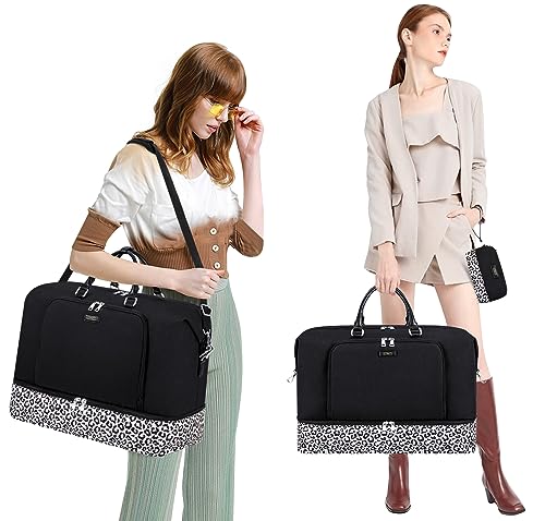TIBES Travel Weekender Bag for Women, Overnight Bag with Shoe Compartment - color: Q- Black&Leopard