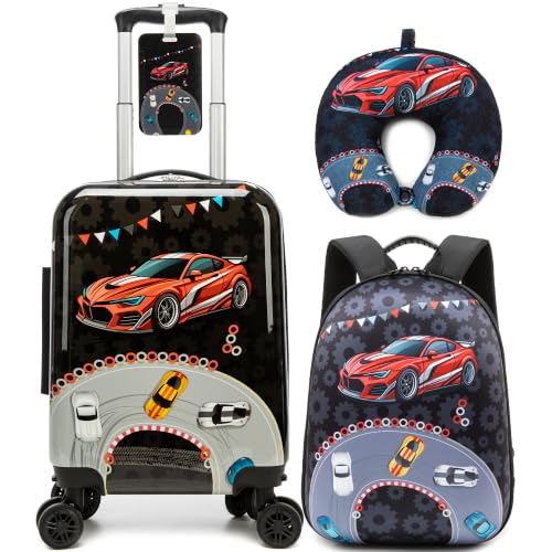 Kid's Luggage Set 4 Piece Suitcase Set Hardside Luggage with Spinner Wheels Boys Carry on Toddler Travel Rolling Suitcase with Hard Shell Airline Approved - color: Black Car