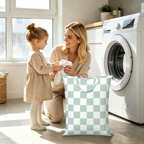"green and white checkerboard plaid 2-Pack Travel Laundry Bags for Dirty Clothes- Large Waterproof Laundry Tote, Wet & Dry Use, Reusable Foldable Carry Handles for Vacation, Gym & Dorm" - color: Green And White Checkerboard Plaid