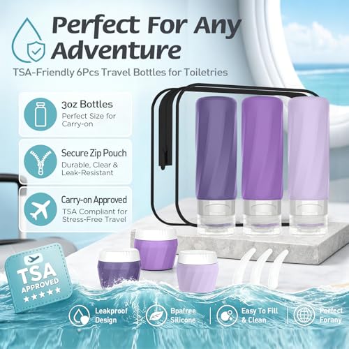 6Pcs Travel Bottles for Toiletries, Silicone Travel Size Containers Set - color: PURPLE