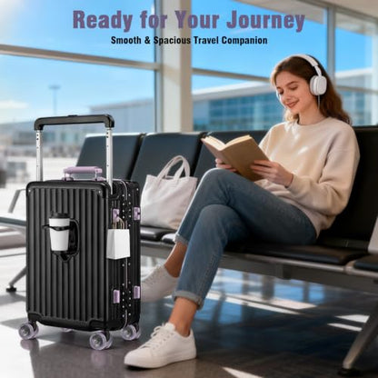 Xtaeptos 20 Inch Wide Handle Carry on Luggage with Double Spinner Wheels - color: Black + Purple