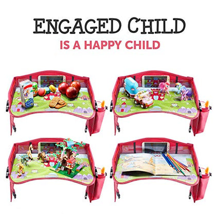 Coolmum 2-in-1 Kids Toddler Travel Tray & Back Seat Organizer — Foldable Waterproof Car Tray with Tablet Holder, Cup Holder, Storage Pockets for Road Trips & Airplane (Premium Red) - color: Premium Red