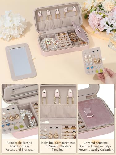 Soft-Touch Leather Travel Jewelry Case with Mirror, Jewelry Box - color: Blush Pink
