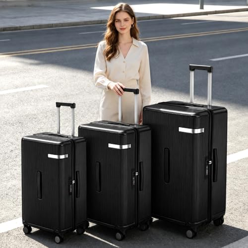 3 Piece Luggage Set with Spinner Wheels Cup Holder, Black - color: Black