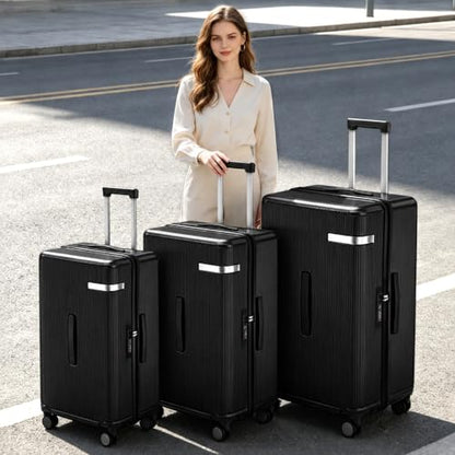 3 Piece Luggage Set with Spinner Wheels Cup Holder, Black - color: Black