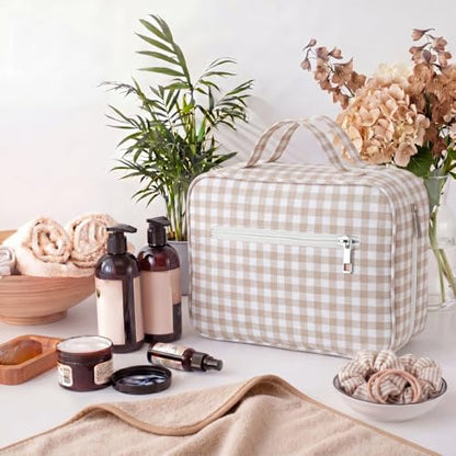 Klyyo Hanging Toiletry Bag for Women, Gingham, Brown - color: Brown