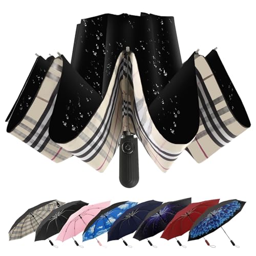 ZDSSM Inverted Umbrella for Rain, Compact Windproof Auto Open Close - color: 옐로우 플레이드