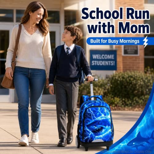 20 Inches Large Wheels Rolling Backpack for Boys with Detachable, 3Pcs Kids Lightning Shark Wheeled Backpack Set for Elementary School (Blue) - color: Lightning Shark (Large Wheels)