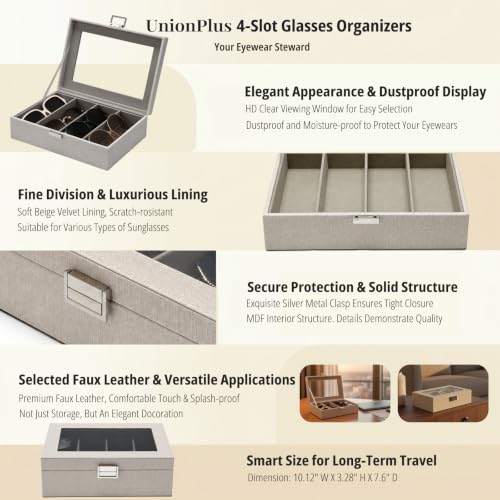 UnionPlus Vegan Leather Multi-Slots Sunglasses Eyeglasses Organizer - color: Beige, size: 4-Slots