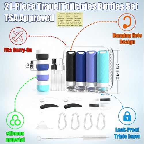 Travel Toiletry Containers 26Pcs Silicone Leakproof TSA Approved Set - color: Blue