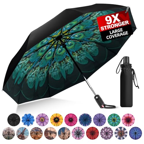 Strongest Windproof Travel Umbrella - Pro-Series, Heavy Duty Durable, Automatic Folding, Compact Lightweight Portable, Premium Grip, Fits Car & Backpack - color: Peacock