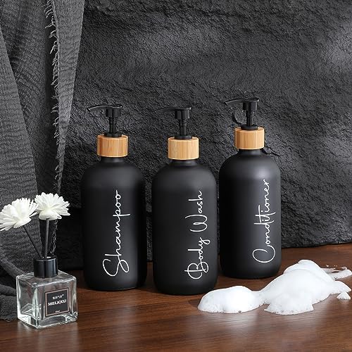 Glass Shampoo and Conditioner Pump Bottles Soap Dispenser Bamboo Pump Head Empty Glass Refillable Shampoo Conditioner Body Wash Soap Bottles for Bathroom, 17 oz, 3 Pack, Black - color: Black, size: Shampoo + Conditioner
