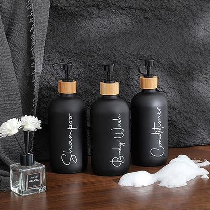 Glass Shampoo and Conditioner Pump Bottles Soap Dispenser Bamboo Pump Head Empty Glass Refillable Shampoo Conditioner Body Wash Soap Bottles for Bathroom, 17 oz, 3 Pack, Black - color: Black, size: Shampoo + Conditioner