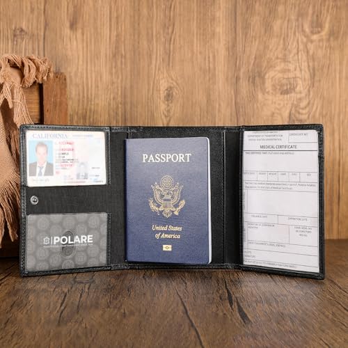 Polare Napa Leather Pilot Wallet Passport Holder RFID Blocking Tri-fold Travel Cover Document Organizer for Aviation Professionals (Black) - color: Black