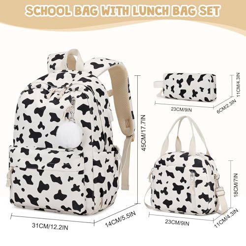 ACESAK 3PCS Corduroy Girls Backpack w/Lunch Box & Pencil Bag (Cow Print) - color: Milk Cow