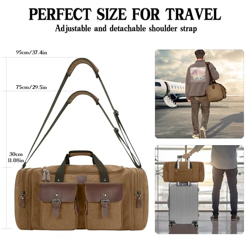 Canvas Duffle Bag for Men - 50L Expandable Travel Duffel Bags - color: Coffee, size: Large-50L